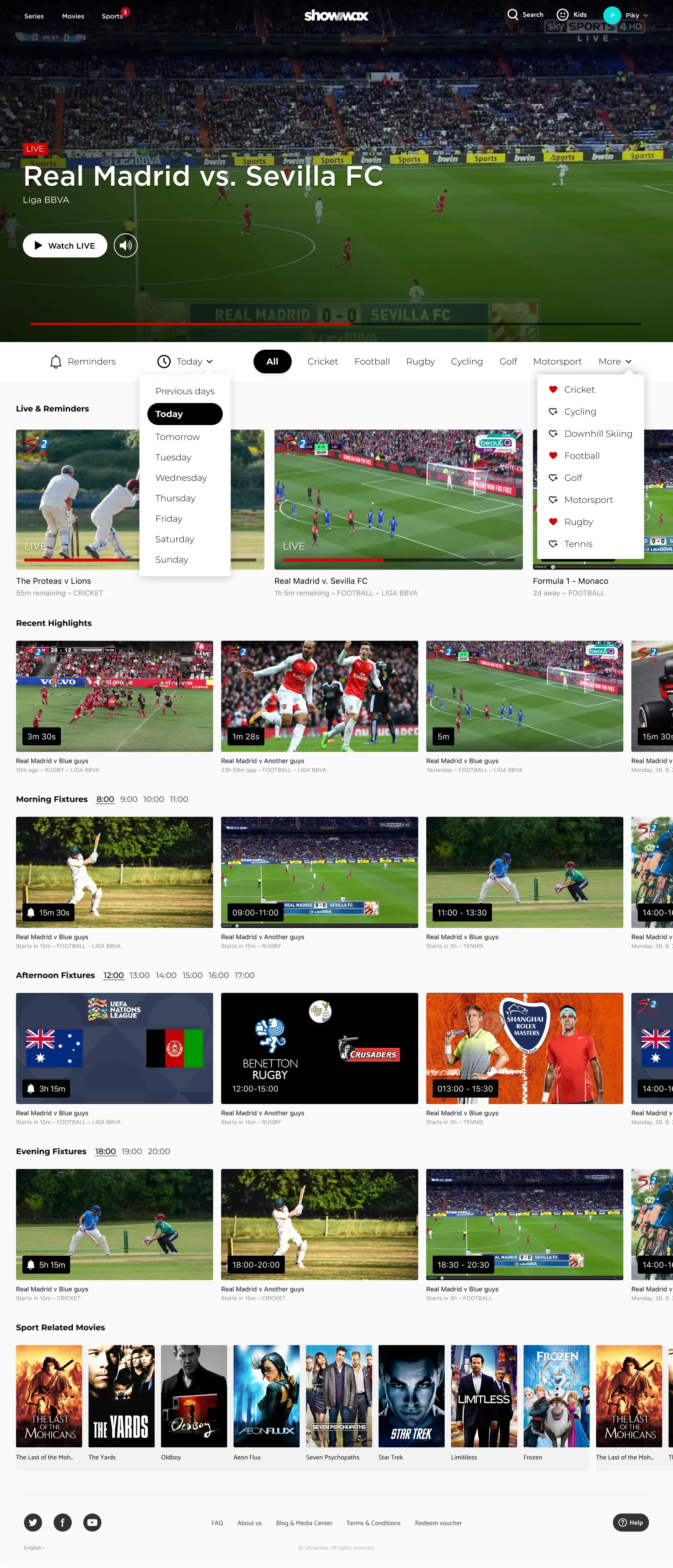 The MVP web experience was shaped around how sports fans actually browse and plan. A featured live stream auto-played in the hero to grab attention. Users could filter by day, sport, or favorites, and set reminders for upcoming events. Below that, content was organized intuitively: live and reminder-ready events first, followed by upcoming events segmented into morning, afternoon, and evening. At the bottom, evergreen sports content promoted the broader catalog—encouraging exploration beyond the live schedule.