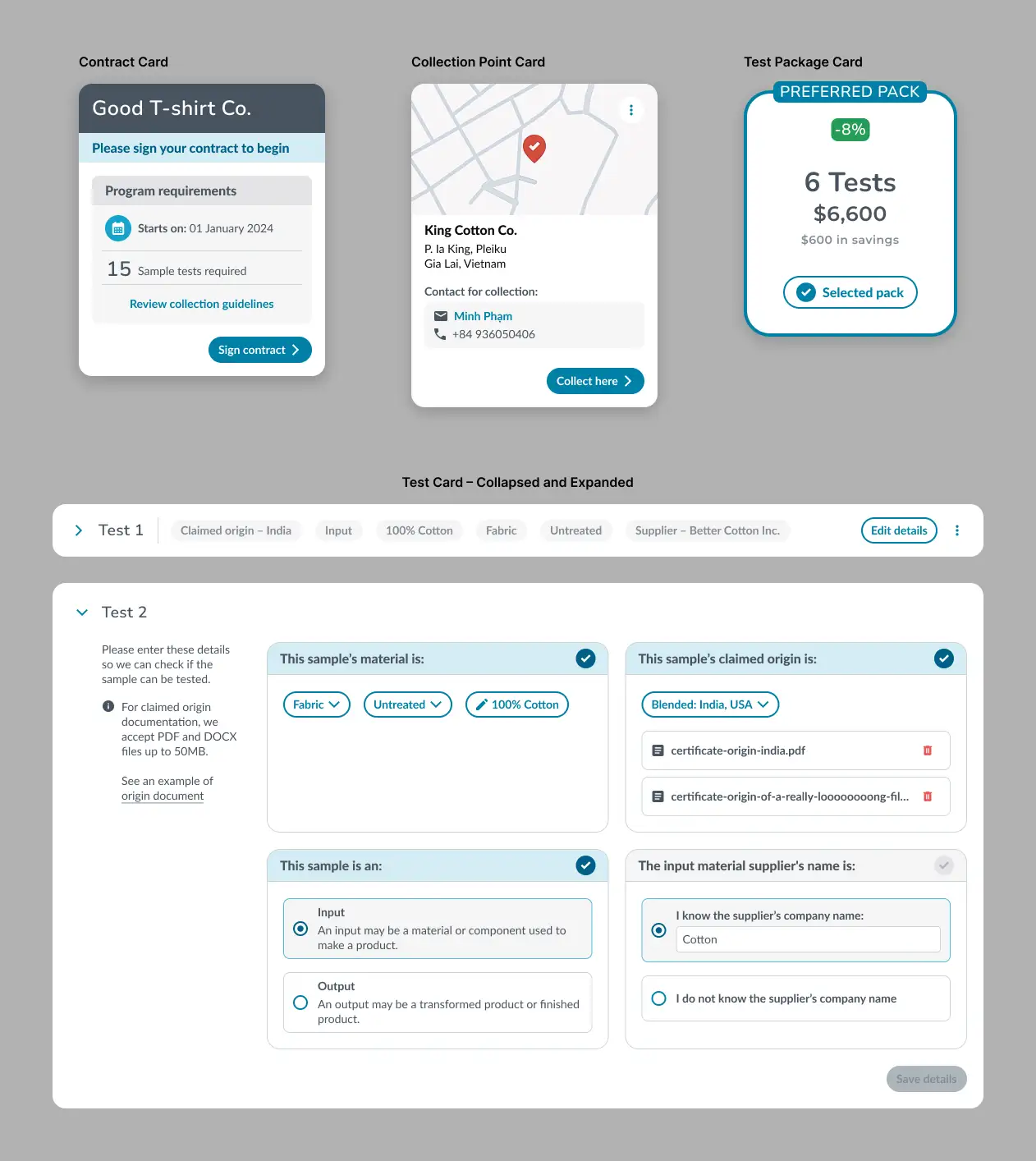 Key entities—Contracts, Facilities, Test Packages and Tests—were modeled as interactive cards. This modular structure reduced cognitive load and enabled scalable, reusable UI patterns.